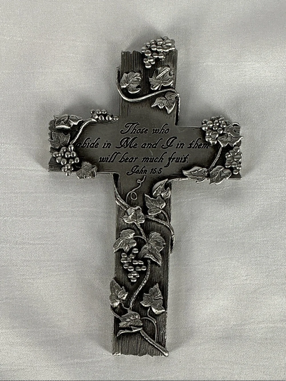 CTA Vintage 2003 Pewter Tone Grapevine John 15:5 Scripture Wall Cross Plaque 5x3
